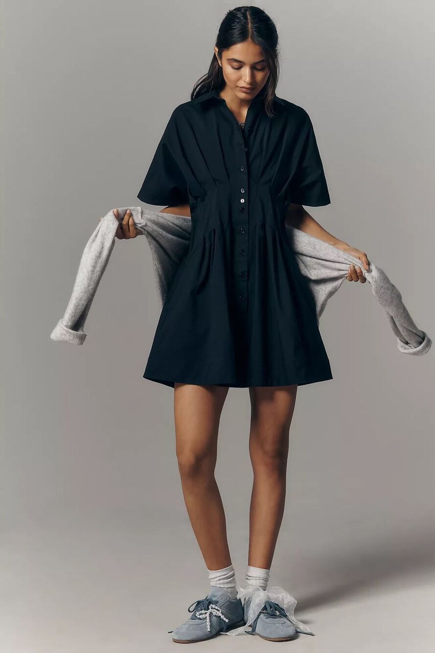 Anthropologie Black Short-Sleeve Button-Front Midi Dress